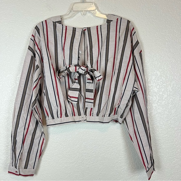 JOA Los Angeles Womens Crop Top Tan Stripped Long Sleeve Open Back Ties Large - Picture 4 of 8